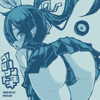 1girl ass backbeako_(torotei) backbeard bent_over blue_background blue_theme blush bow commentary cowboy_shot dated dated_commentary elbow_gloves from_behind gegege_no_kitarou gloves hair_bow hair_over_one_eye hair_ribbon kono_lolicon_domome long_hair looking_at_viewer looking_back monochrome open_mouth original paid_reward_available panties pleated_skirt pointy_ears ribbon sailor_collar shirt simple_background skirt sleeveless sleeveless_shirt solo torotei translated twintails underwear variant_set watermark web_address wide_hips