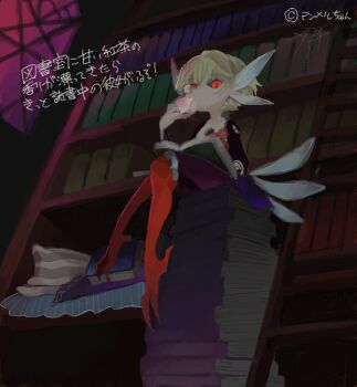 Rule 34 | 1girl, bad drawr id, bad id, book, crossed legs, drinking, harpy, library, monocle, monster girl, night, nika (happyakuman), oekaki, original, red eyes, short hair, silk, sitting on books, solo, spider web