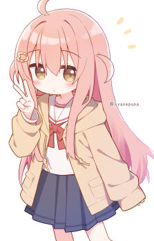 1girl ahoge blue_skirt blush bow bowtie closed_mouth commentary expressionless hair_ornament hairclip hand_up highres hood hood_down hooded_jacket ii_(ayanepuna) jacket long_hair long_sleeves looking_at_viewer notice_lines open_clothes open_jacket original pink_hair pleated_skirt red_bow red_bowtie sailor_collar shirt skirt solo symbol-only_commentary two_side_up v very_long_hair white_background white_sailor_collar white_shirt yellow_eyes yellow_jacket yuune_(ayanepuna)
