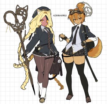 2girls :o @_@ alternate_costume alternate_hairstyle alternate_universe animal_ears ankle_socks arms_at_sides beanie black_cardigan black_gloves black_hat black_jacket black_necktie black_pantyhose black_shoes black_skirt black_thighhighs blonde_hair bracelet braid breasts brown-framed_eyewear brown_eyes brown_hair brown_necktie brown_shoes brown_tail buttons cardigan cat_ears cat_girl cat_tail chain closed_mouth collared_shirt commentary contrast_collar cookie_run cookie_run:_ovenbreak croissant_cookie crossed_ankles curly_sidelocks dark-skinned_female dark_skin diagonal-striped_clothes diagonal-striped_necktie dog_ears dog_girl dog_tail double-parted_bangs dual_persona eyepatch fingerless_gloves food-themed_hair full_body gears gloves goggles goggles_on_head grey_halo grey_shirt grid_background hair_between_eyes hair_bun hair_intakes halo hand_on_own_hip hat highres holding holding_scissors humanization jacket jewelry kemonomimi_mode korean_text lapels legs_apart loafers long_hair long_sleeves low_twin_braids lower_teeth_only medium_breasts miniskirt multicolored_hair multiple_girls necktie notched_lapels o-ring ohta_guk_hip one_eye_covered open_clothes open_jacket open_mouth orange_eyes orange_streaks oversized_object pantyhose parted_bangs pleated_skirt puffy_long_sleeves puffy_sleeves scissors shirt shoes short_hair side-by-side sidelocks simple_background single_hair_bun skirt small_breasts smile socks standing streaked_hair striped_clothes striped_necktie tail tareme teeth thick_thighs thighhighs thighs three-quarter_sleeves tie_clip timekeeper_cookie translation_request tsurime twin_braids two-tone_hair v-shaped_eyebrows very_long_hair watch white_background white_socks yellow_tail zettai_ryouiki
