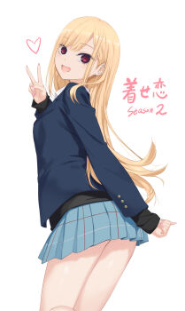 1girl blonde_hair coffee-kizoku commentary_request heart highres jacket kitagawa_marin long_hair looking_at_viewer open_mouth red_eyes school_uniform simple_background skirt smile solo sono_bisque_doll_wa_koi_wo_suru v white_background