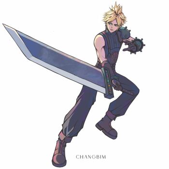 Rule 34 | 1boy, armor, artist name, baggy pants, belt, black gloves, black pants, blonde hair, blue eyes, blue shirt, boots, brown belt, brown boots, buster sword, changbim13, cloud strife, commentary, english commentary, fighting stance, final fantasy, final fantasy vii, final fantasy vii remake, full body, gloves, highres, holding, holding sword, holding weapon, male focus, materia, multiple belts, pants, parted bangs, pauldrons, shirt, short hair, shoulder armor, single bare shoulder, single pauldron, sleeveless, sleeveless turtleneck, solo, spiked hair, suspenders, sword, turtleneck, weapon, white background