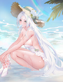 1girl absurdres baige_chen bare_arms bare_legs bare_shoulders beach blush bow breasts chinese_commentary cleavage commentary_request day earrings flower food food_in_mouth frills from_side green_eyes green_hair hat hat_flower high_heels highres holding jewelry large_breasts long_hair looking_at_viewer mouth_hold multicolored_hair ocean one-piece_swimsuit original outdoors palm_tree parted_bangs popsicle rainbow ribbon shoes sky solo squatting straw_hat streaked_hair sun_hat swimsuit tree very_long_hair water white_hair white_one-piece_swimsuit