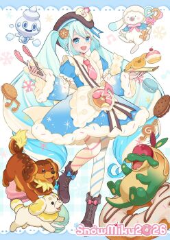 Rule 34 | 1girl, appletun, apron, aqua eyes, aqua hair, beret, blush, boots, bow, brown boots, brown hat, character-themed food, character name, commentary request, cookie hair ornament, dachsbun, dessert, detached sleeves, fidough, food, food-themed hair ornament, footwear bow, fortissimo, frilled apron, frills, fruit sandwich, full body, fur-trimmed sleeves, fur trim, gen 5 pokemon, gen 8 pokemon, hair between eyes, hair ornament, hat, hatsune miku, highres, holding, holding tongs, key, long hair, long sleeves, looking at viewer, macaron, mofmama, musical note, musical note hair ornament, necktie, nintendo, official alternate costume, official alternate hairstyle, open mouth, pink necktie, pokemon, puffy short sleeves, puffy sleeves, rabbit yukine, short sleeves, smile, tongs, twintails, upper body, vanillite, very long hair, vocaloid, white apron, yuki miku, yuki miku (2026)