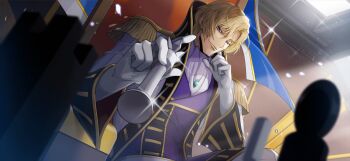 1boy artist_request ascot blonde_hair blurry blurry_foreground chair chess_piece closed_mouth coat code_geass code_geass:_lost_stories dutch_angle epaulettes game_cg gem gloves green_gemstone grey_eyes half-closed_eyes hand_on_own_face hands_up happy high_collar highres holding holding_chess_piece indoors jacket king_(chess) long_sleeves looking_at_viewer male_focus non-web_source official_art on_chair open_clothes open_coat playing_games purple_jacket schneizel_el_britannia short_hair sidelocks sitting smile solo sparkle upper_body white_ascot white_coat white_gloves