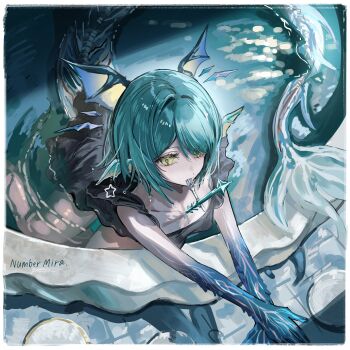 absurdres bare_legs bat_wings black_dress blue_hair clothed_bath demon_wings dot_nose dress feet_out_of_frame fins fish_tail fork from_above gawako head_wings highres long_tail monster_girl multiple_wings original outstretched_arms partially_submerged pool short_hair signature swept_bangs tagme tail utensil_in_mouth water wet wings yellow_eyes