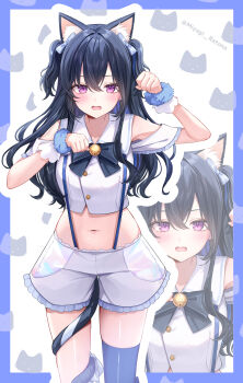 Rule 34 | 1girl, animal ears, arm up, armpits, bare shoulders, bell, black hair, blue thighhighs, bow, bowtie, bracelet, cat ears, cat tail, collared shirt, commentary request, crop top, frilled shorts, frills, fur bracelet, hair bow, hand up, highres, ichinose uruha, jewelry, jingle bell, long hair, looking at viewer, midriff, miyagi ratona, navel, off shoulder, open mouth, paw pose, purple eyes, shirt, shorts, single thighhigh, solo, stomach, suspenders, tail, tail around own leg, thighhighs, thighs, two side up, virtual youtuber, vspo!, white shirt, white shorts, zoom layer