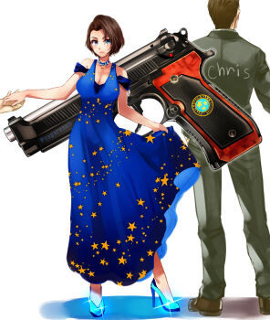 Rule 34 | 1boy, 1girl, artist name, black jacket, blue dress, blue eyes, brown hair, chris redfield, dress, gun, handgun, high heels, jacket, jewelry, jill valentine, nagare, necklace, resident evil, simple background, sparkle, star (symbol), star print, weapon, white background