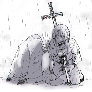 Rule 34 | 2girls, bleeding, blood, blood from mouth, closed eyes, clothes grab, commentary request, fingernails, greyscale, highres, hong meiling, impaled, long fingernails, monochrome, multiple girls, no headwear, open mouth, planted, planted sword, planted weapon, rain, remilia scarlet, sharp fingernails, short sleeves, sitting, smile, sword, touhou, translation request, ukei624, vest, weapon, wrist cuffs