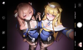 2girls absurdres asymmetrical_docking black_skirt black_thighhighs blonde_hair blue_eyes blue_shirt blush breast_press breasts brown_eyes brown_hair commentary double_bun english_commentary fancyark fletcher_(kancolle) fletcher_mk_ii_(kancolle) gloves hair_bun hair_ornament highres holding_hands johnston_(kancolle) kantai_collection large_breasts long_hair looking_at_viewer medium_breasts miniskirt multiple_girls neckerchief pleated_skirt sailor_collar selfie shirt single_glove skirt smile star_(symbol) star_hair_ornament thighhighs two_side_up viewfinder yellow_neckerchief