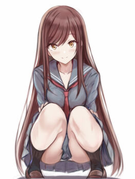 1girl bare_legs black_socks blush brown_hair brown_shoes collarbone commentary_request full_body grey_serafuku idolmaster idolmaster_shiny_colors light_blush loafers long_hair looking_at_viewer nannacy7 neckerchief no_dickey osaki_amana panties pantyshot red_neckerchief school_uniform serafuku shoes simple_background socks solo squatting straight_hair underwear very_long_hair white_background white_panties