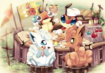 Rule 34 | absurdres, alolan form, alolan vulpix, apple, artist name, berry (pokemon), blue eyes, brown eyes, chef hat, combee, crepe, day, dedenne, eating, flag, food, fruit, gen 1 pokemon, gen 2 pokemon, gen 4 pokemon, gen 6 pokemon, gen 7 pokemon, grass, haineko 05, hat, highres, honey, ledian, ledyba, licking lips, nintendo, on tree stump, oran berry, outdoors, pokemon, pokemon (creature), sitting, smile, sunlight, tongue, tongue out, vulpix