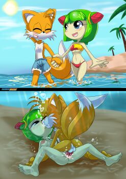 1boy 1girl absurdres air_bubble asphyxiation bare_shoulders barefoot beach bikini blue_eyes blue_male_swimwear blue_swim_trunks blush breasts bubble closed_eyes cosmo_(sonic) cosmo_the_seedrian couple cum cum_in_pussy feet fox fox_boy french_kiss full_body furry furry_male green_hair happy happy_sex hetero highres holding_hands inchduhernz instant_loss interspecies kiss large_areolae large_breasts looking_at_another male_swimwear mating_press monster_girl multiple_tails navel nipples nude ocean open_mouth outdoors palm_tree panels penis plant_girl sex small_breasts smile soles sonic_(series) sonic_the_hedgehog sonic_x spread_legs standing strapless strapless_bikini sun swim_trunks swimsuit tail tails_(sonic) testicles thighs toes tree two_tails underwater underwater_sex vaginal wading water