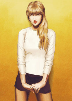 1girl black_shorts blonde_hair bomb_(bombbomb) derivative_work earrings female_focus jewelry lipstick long_hair long_sleeves looking_at_viewer makeup nose original own_hands_together pantyhose parted_lips photo-referenced real_life red_lips shirt shorts sleeves_rolled_up solo standing taylor_swift v_arms white_shirt