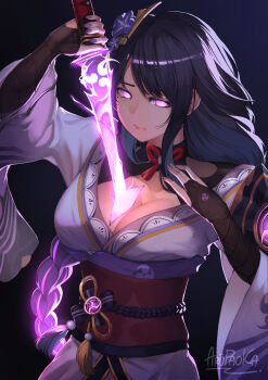 1girl absurdres arm_up artist_name arupaoka blunt_bangs braid breasts cleavage closed_mouth clothing_cutout commentary english_commentary genshin_impact glowing glowing_eyes glowing_hair hair_ornament head_tilt highres huge_breasts large_breasts long_braid long_hair looking_at_viewer looking_down mitsudomoe_(shape) mole mole_under_eye multicolored_hair neck_ribbon off_shoulder purple_background purple_eyes purple_hair purple_nails raiden_shogun red_ribbon red_sash ribbon sash shade shoulder_cutout single_braid solo standing streaked_hair tomoe_(symbol) upper_body wide_sleeves
