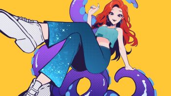 1girl anomalycollon chelsea_(ruby_gillman) crop_top crossed_legs highres long_hair looking_at_viewer pants red_hair ruby_gillman:_teenage_kraken solo