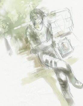 1boy bench black_jacket black_pants book book_stack brown_hair brown_theme closed_eyes commentary_request crossed_arms crossed_legs dappled_sunlight day expressionless final_fantasy final_fantasy_viii foliage from_above full_body fur-trimmed_jacket fur_trim hinokami jacket male_focus milestone_celebration on_bench open_clothes open_jacket outdoors pants park_bench relaxing scar scar_on_face shadow short_hair sitting sketch solo squall_leonhart sunlight thigh_strap