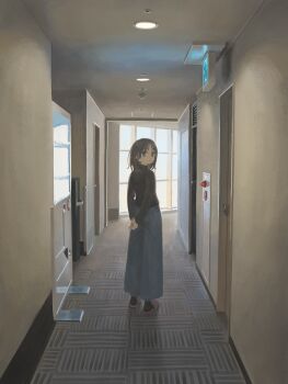 1girl absurdres arms_behind_back black_hair black_shirt commentary_request from_behind grey_pants hallway highres indoors long_sleeves looking_at_viewer looking_back medium_hair muji_(uimss) original own_hands_together pants shirt slippers solo standing vending_machine wide_shot