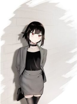 alternate_costume arms_behind_back bag belt_buckle black_bag black_choker black_hair black_shirt black_thighhighs blush brick_wall buckle choker closed_mouth collarbone feet_out_of_frame formal_clothes grey_background grey_skirt grey_suit head_tilt highres holding holding_bag kono_subarashii_sekai_ni_shukufuku_wo! laptop_bag long_sleeves looking_to_the_side megumin meguminimalist office_lady pencil_skirt red_eyes shirt short_hair sidelocks skirt standing suit thighhighs zettai_ryouiki