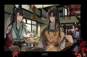 4boys alcohol bindi black_hair chinese_clothes cooking facial_mark food forehead_mark high_ponytail highres hozuhakusai jar jin_ling lan_jingyi lan_sizhui leaf long_hair long_sleeves male_focus maple_leaf modao_zushi multiple_boys parted_bangs ponytail sidelocks soup swept_bangs upper_body very_long_hair wei_wuxian