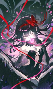 1girl absurdres akemi_homura akuma_homura bare_shoulders black_dress black_gloves black_hair bow bow_hairband breasts closed_eyes commentary dress elbow_gloves feathered_wings gloves hairband highres long_hair mahou_shoujo_madoka_magica mahou_shoujo_madoka_magica:_hangyaku_no_monogatari red_bow roro_(lolo) small_breasts solo soul_gem wings