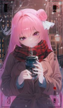 1girl absurdres blush bow breasts brown_coat coat commentary_request cup dongyu dorothy_(nikke) goddess_of_victory:_nikke hair_bow hair_bun highres holding holding_cup large_breasts long_hair long_sleeves looking_at_viewer nail_polish outdoors pink_hair pink_nails plaid_clothes plaid_scarf purple_eyes red_scarf scarf single_hair_bun solo viewfinder white_bow