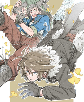 Rule 34 | 2boys, 80850love fu, black cape, black gloves, black hair, black jacket, black pants, blue eyes, blue jacket, boots, border, brown background, brown hair, brown pantyhose, cape, chain, chain necklace, commentary, falling, falling leaves, father and son, final fantasy, final fantasy viii, fingerless gloves, frown, fur-trimmed jacket, fur trim, gloves, green eyes, gun, gunblade, hair between eyes, highres, holding, holding weapon, jacket, jewelry, laguna loire, leaf, long hair, machine gun, male focus, multiple boys, necklace, open mouth, pants, pantyhose, pillarboxed, shirt, short hair, squall leonhart, sweatdrop, waist cape, weapon, white border, white shirt