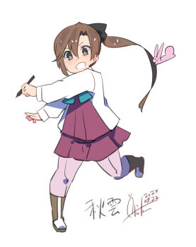 Rule 34 | 1girl, absurdres, akigumo (kancolle), black ribbon, blue bow, blue bowtie, blush, bow, bowtie, brown footwear, brown hair, character name, collared shirt, dated, dress, grey eyes, hair ribbon, halter dress, halterneck, highres, holding, holding stylus, inica, kantai collection, long hair, one-hour drawing challenge, pantyhose, pleated dress, ponytail, purple dress, purple pantyhose, rabbit, ribbon, school uniform, shirt, signature, stylus, white background, white shirt