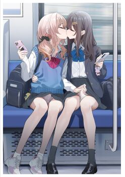 2boys absurdres adam's_apple backpack bag blonde_hair blue_bow blue_bowtie bow bowtie brown_hair bulge cellphone collared_shirt crossdressing crossdressing_(mtf) erection erection_under_clothes grey_socks handjob handjob_over_clothes highres kiss loafers long_hair male_focus multiple_boys original panties penis_grab phone plaid_clothes plaid_panties pleated_skirt polka_dot polka_dot_panties pompompurin red_bow sanrio school_bag school_uniform shirt shoes sitting skirt sleeveless sleeveless_sweater smartphone sneakers socks sweater train_interior trap trap_on_trap turisasu underwear very_long_hair white_panties white_shirt white_socks yaoi