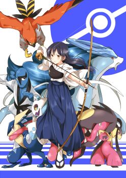 1girl archery blue_hair froslass gen_2_pokemon gen_3_pokemon gen_4_pokemon gen_5_pokemon gen_6_pokemon greninja highres ksk_(semicha_keisuke) kyuudou legendary_pokemon love_live! love_live!_school_idol_project mawile nintendo pokemon sawk sonoda_umi suicune talonflame