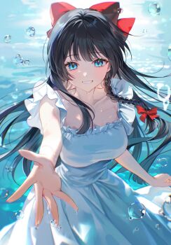 1girl absurdres black_hair blue_eyes bow braid breasts cleavage collarbone commentary_request dress frilled_dress frills hair_bow highres large_breasts long_hair looking_at_viewer offering_hand outstretched_arm pong_(pong_o0) red_bow shirayuki_hina single_braid smile solo stellive sundress virtual_youtuber water water_drop white_dress