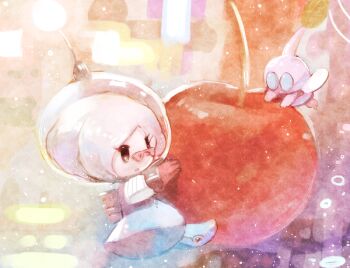 1girl :o abstract_background alien b_spa_gyoreva backpack bad_id bad_pixiv_id bag black_eyes blue_eyes brittany_(pikmin) buttons cherry eyelashes food fruit glasses gloves helmet holding holding_food holding_fruit insect_wings leaf light nintendo open_mouth pikmin_(creature) pikmin_(series) pink_bag pink_hair radio_antenna red-framed_eyewear red_gloves short_hair skirt solid_oval_eyes space_helmet spacesuit third-party_source tiny triangular_eyewear white_skirt winged_pikmin wings