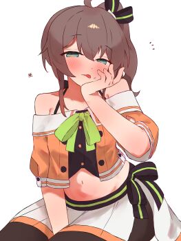 1girl absurdres ahoge black_pantyhose black_shirt blue_eyes breasts brown_hair closed_mouth commentary_request cropped_jacket heart highres hololive jacket looking_at_viewer natsuiro_matsuri natsuiro_matsuri_(1st_costume) navel one_side_up orange_jacket pantyhose shirt skirt small_breasts solo tepenchi tongue tongue_out virtual_youtuber white_background white_skirt