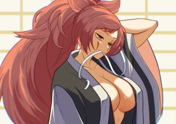 1girl arc_system_works artist_request baiken breasts cleavage facial_tattoo female_focus guilty_gear highres jacket japanese_clothes kimono large_breasts long_hair matching_hair/eyes pink_eyes pink_hair ponytail scar scar_across_eye scar_on_face solo tattoo
