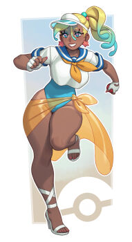 1girl absurdres blonde_hair blue_eyes blue_eyeshadow blue_hair blue_one-piece_swimsuit blue_sailor_collar breasts colored_tips crop_top dark-skinned_female dark_skin earrings eyeshadow fingerless_gloves fingernails full_body gloves gradient_hair grin gyaru hair_bobbles hair_ornament hands_up high_heels highleg highleg_one-piece_swimsuit highres holding holding_poke_ball jewelry large_breasts long_eyelashes long_fingernails looking_at_viewer makeup multicolored_hair nail_polish neckerchief nintendo one-piece_swimsuit open-toe_shoes orange_neckerchief orange_sarong original poke_ball poke_ball_(basic) pokemon red_nails red_pupils riz sailor_collar sarong see-through_clothes see-through_sarong short_sleeves smile solo standing standing_on_one_leg star_(symbol) star_earrings starfish_earrings swimsuit tan tanline toenail_polish toenails two-tone_hair visor_cap walking white_gloves