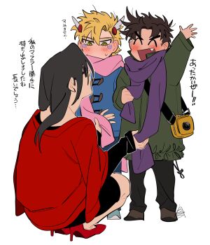 1girl 2boys ^_^ battle_tendency black_hair blonde_hair blush brown_hair caesar_anthonio_zeppeli capelet carota327 child closed_eyes fang feather_hair_ornament feathers hair_ornament high_heels highres jojo_no_kimyou_na_bouken joseph_joestar joseph_joestar_(young) lisa_lisa multiple_boys pink_scarf purple_scarf red_capelet scarf squatting sunglasses translation_request