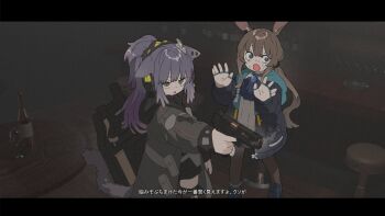 2girls amiya_(arknights) amonitto animal_ears arknights blue_eyes braid brown_hair cat_ears cat_girl chibi chibi_only coat commentary_request green_eyes gun handgun high_ponytail highres holding holding_gun holding_weapon jessica_(arknights) jessica_the_liberated_(arknights) jewelry long_coat long_hair multiple_girls open_clothes open_coat ponytail purple_hair rabbit_ears rabbit_girl ring weapon