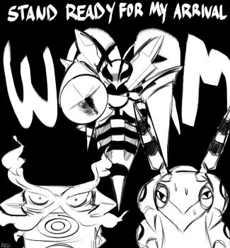 Rule 34 | aiming, aiming at viewer, antennae, artist name, bee, beedrill, behind another, black background, bug, centipede, centiskorch, constricted pupils, english text, fire, full body, gen 1 pokemon, gen 5 pokemon, gen 8 pokemon, greyscale, highres, horns, insect, insect wings, invincible (series), mega beedrill, mega pokemon, meme, monochrome, nervous, nervous sweating, nintendo, no humans, pokemon, pokemon (creature), pokemon focus, pun, regi, scared, scolipede, simple background, stand ready for my arrival worm (meme), stinger, sweat, text background, wings
