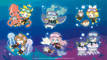 2boys 4girls :d ;) aqua_eyes aqua_hair black_wetsuit blonde_hair blue_eyes blue_hair bodysuit bow brown_hair cat cheek_bulge chibi chibi_only closed_eyes closed_mouth commentary_request copyright_notice coral diving_suit fish flippers full_body goggles goggles_on_head hair_between_eyes hair_bow hair_ornament hairclip hatsune_miku highres jellyfish kagamine_len kagamine_rin kaito_(vocaloid) logo long_hair looking_at_viewer manta_ray megurine_luka meiko_(vocaloid) multiple_boys multiple_girls official_art one_eye_closed open_mouth pink_hair puffer_fish smile squid sweatdrop twintails u_u vocaloid wetsuit white_bow