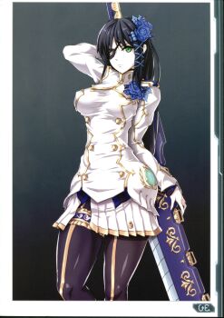 1girl absurdres arm_up black_hair breasts dress eyepatch female_focus frills gradient_background green_eyes hair_ornament highres holding holding_sword holding_weapon huge_weapon long_hair long_sleeves looking_at_viewer medium_breasts nagisa_(phantasy_star) nandz pale_skin pantyhose phantasy_star phantasy_star_portable_2 pleated_skirt scan serious shiny_clothes short_dress sidelocks simple_background skirt solo standing sword thigh_strap weapon white_dress