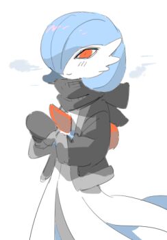 alternate_color black_jacket black_mittens black_scarf blue_hair bob_cut breath clothed_pokemon cold colored_skin commentary gardevoir gen_3_pokemon hair_over_one_eye happy jacket light_smile lowres mittens nintendo no_humans official_alternate_color one_eye_covered own_hands_together pokemon pokemon_(creature) pokemon_focus raine_(acke2445) red_eyes scarf shiny_pokemon solo white_background white_skin