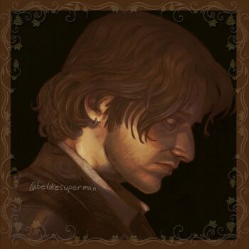 Rule 34 | 1boy, be1ikesuperman, beard, blank stare, border, brown eyes, brown hair, brown shirt, collared shirt, commentary, death stranding, earrings, english commentary, expressionless, facial hair, from side, highres, hoop earrings, jewelry, male focus, medium hair, ornate border, portrait, sam porter bridges, shirt, solo