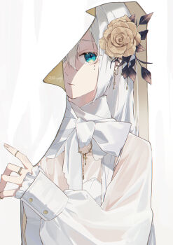 1girl aqua_eyes bow brown_flower brown_rose closed_mouth flower frilled_sleeves frills hair_flower hair_ornament highres jewelry leaf long_hair long_sleeves looking_at_viewer mole mole_under_eye multiple_rings original peeking_out ring rose see-through_clothes signature solo upper_body white_bow white_hair yagi_(shiro_yagi)