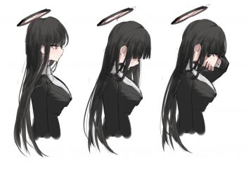 1girl black_hair black_jacket blue_archive breasts commentary_request cropped_torso crying from_side hair_over_eyes halo jacket korean_commentary large_breasts looking_ahead partial_commentary profile red_eyes rio_(blue_archive) sequential spoilers straight_hair teardrop tears upper_body wiping_tears