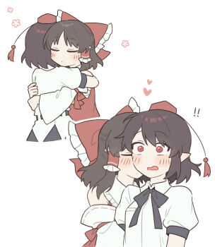 ! !! 2girls black_skirt blush bow brown_hair closed_eyes closed_mouth collared_shirt commentary_request detached_sleeves frilled_bow frilled_hair_tubes frills hair_bow hair_tubes hakurei_reimu hat heart highres hug kiss kissing_cheek long_hair multiple_girls no_wings open_mouth pointy_ears puffy_short_sleeves puffy_sleeves red_bow red_eyes red_hat ribbon-trimmed_sleeves ribbon_trim sakic43899 shameimaru_aya shirt short_sleeves skirt surprise_kiss surprised tokin_hat touhou white_shirt yuri