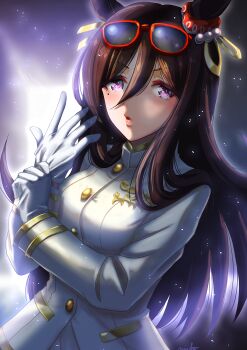 Rule 34 | 1girl, animal ears, blush, breasts, brown hair, cheerleader, commentary request, dated commentary, eyewear on head, gloves, hair between eyes, highres, horse ears, horse girl, jacket, long hair, long sleeves, looking at viewer, medium breasts, official alternate costume, open mouth, otono (bkt4b), purple eyes, seeking the pearl (umamusume), seeking the pearl (yell that changed the world) (umamusume), skirt, solo, sunglasses, umamusume, white gloves, white skirt