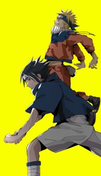 2boys absurdres arms_behind_back bandaged_leg bandages black_hair black_shoes blonde_hair blue_eyes blue_headband blue_shirt dal_chan facial_mark grin headband highres holding_own_wrist jacket jumpsuit male_focus midriff multiple_boys naruto_(series) open-toe_shoes orange_jacket orange_jumpsuit orange_pants pants parted_bangs parted_lips red_eyes shirt shoes short_hair short_sleeves shorts smile spiked_hair teeth uchiha_sasuke uzumaki_naruto whisker_markings white_shorts yellow_background