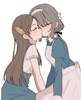 2girls apron blue_dress blue_skirt blush brown_hair closed_eyes closed_mouth commentary_request dress gakuen_idolmaster grey_hair hairband highres hiwatari_kanae idolmaster inuokina kiss kissing_cheek kuramoto_china long_hair maid_apron multiple_girls shirt simple_background skirt white_apron white_background white_hairband white_shirt yuri