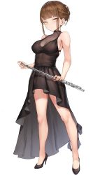 1girl :&gt; armpits bare_shoulders black_dress blush braid breasts brown_hair choker cleavage closed_mouth crown_braid dress eyebrows_hidden_by_hair feet female_focus flute full_body game_cg groin high_heels highres holding holding_flute holding_instrument instrument large_breasts legs legs_apart light_blush looking_at_viewer original smile solo standing tachi-e thighs transparent_background waymay yellow_eyes
