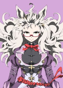 1girl ahoge animal_ears biwa_hayahide_(pf._winning_equation...)_(umamusume) biwa_hayahide_(umamusume) black_shirt bow breasts closed_mouth glasses grey_hair highres horse_ears horse_girl jacket large_breasts long_hair long_sleeves looking_at_viewer purple_background purple_jacket red-framed_eyewear red_bow semi-rimless_eyewear shirt solo umamusume under-rim_eyewear white_hair yellow_eyes zukki_(bijitaru)